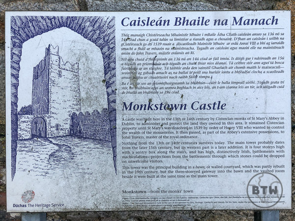 Monkstown Castle sign in English and Irish