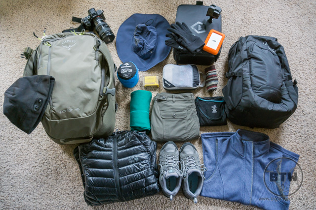 A flat lay of the various travel gear we packed for our trip around the world