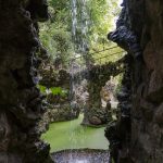 A small waterfall from behind at Quinta de Regaleira, Sintra, Portugal
