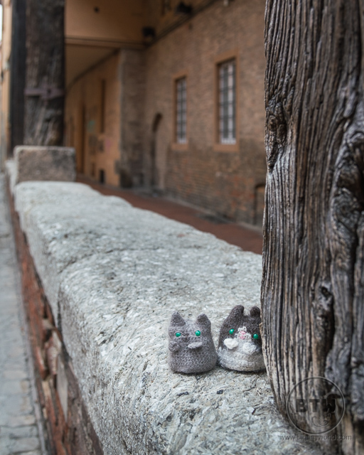 Little travel kitties on a railing in Bologna, Italy