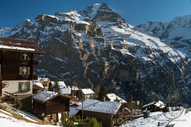 A snow-covered mountain town in Lauterbrunnen, Switzerland