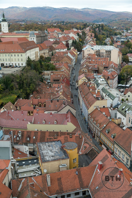 The view of a narrow street from the Zagreb 360 building in Zagreb, Croatia