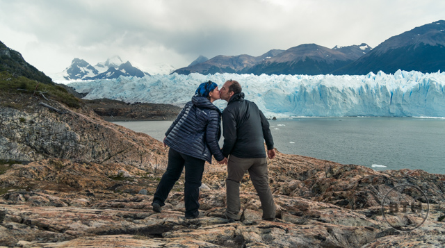Aaron and Brianna kissing in front of Perito Moreno Glacier