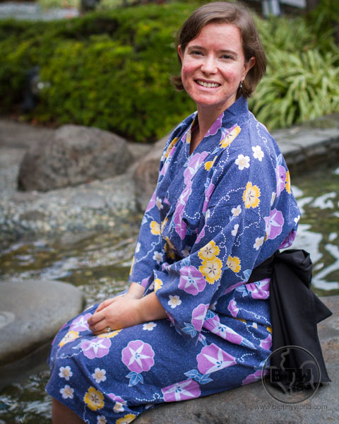 Brianna in a yukata at the Ouedo Onsen in Tokyo, Japan